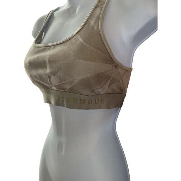 Under Armour Medium Beige Cross Back Sports Bra Moisture Wicking Workout Top - Picture 3 of 5